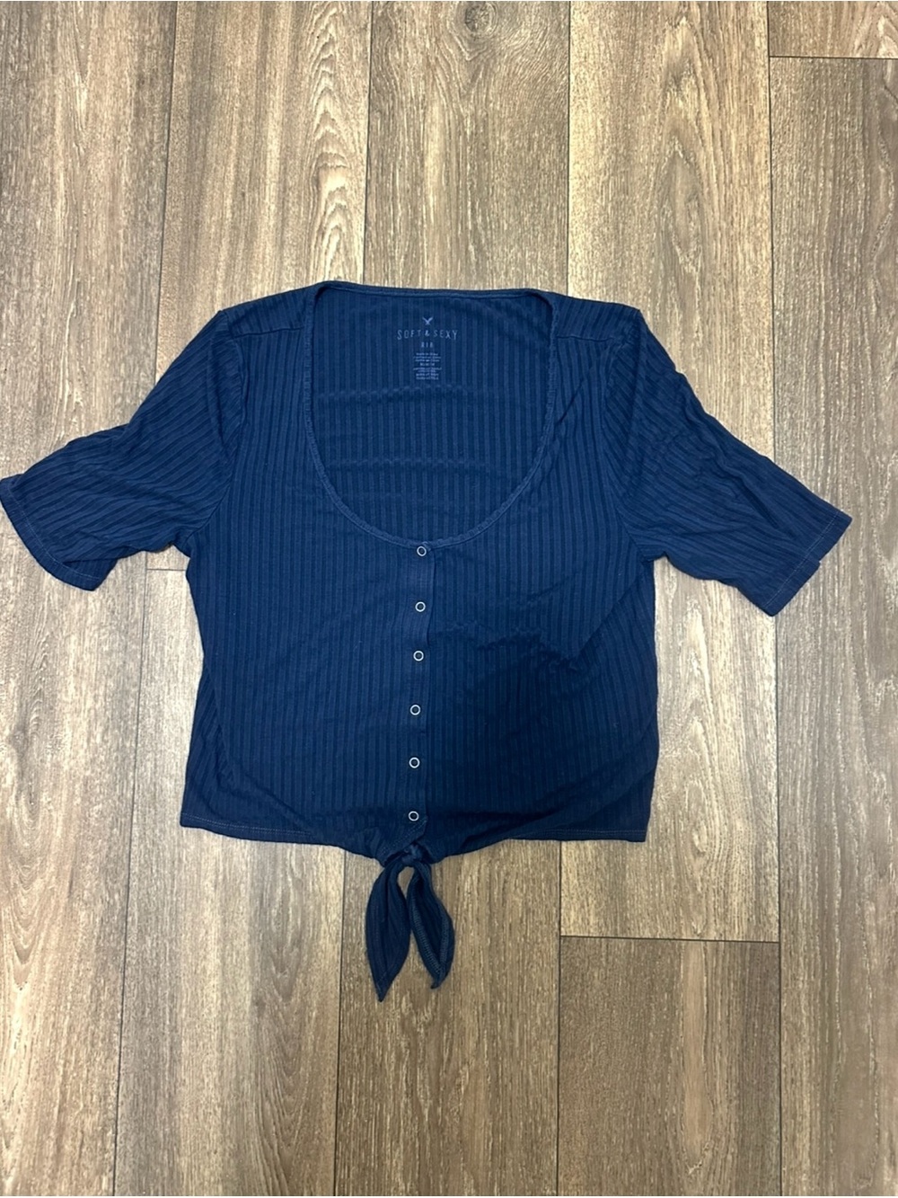 American Eagle Outfitters Navy Ribbed Button-Front Tie Crop Top